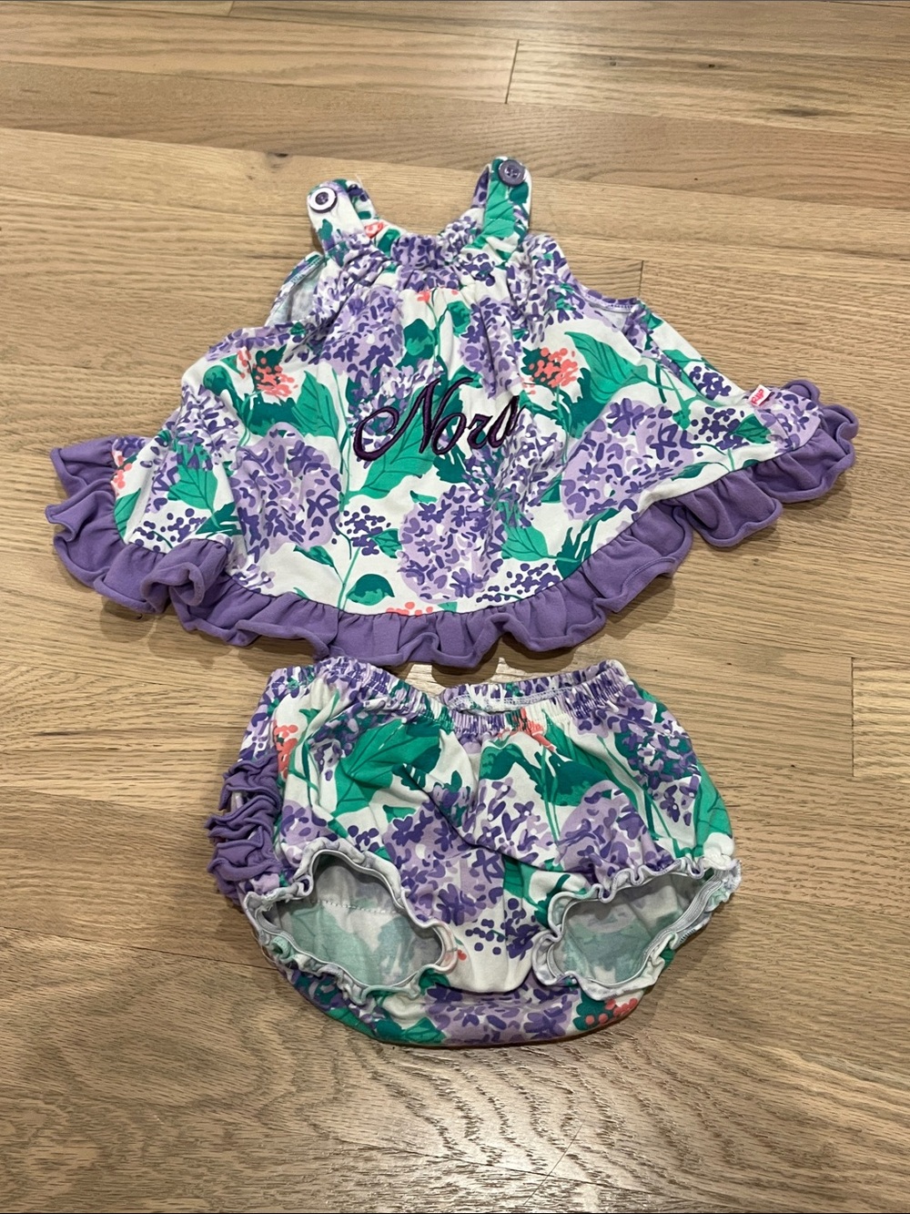 Ruffle Butts Purple Green Floral Ruffle Top and Bloomers